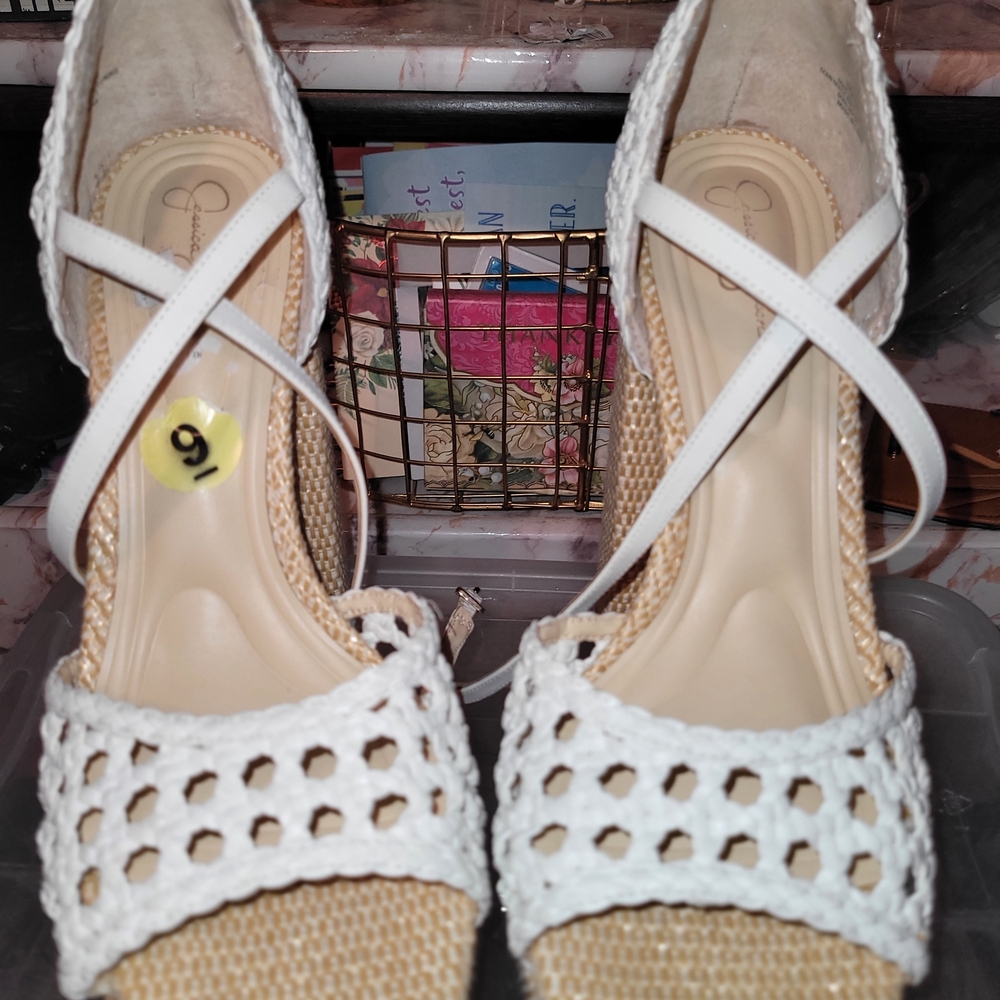 Jessica Simpson White Clunky Heel and Tan Woven Women's Shoes